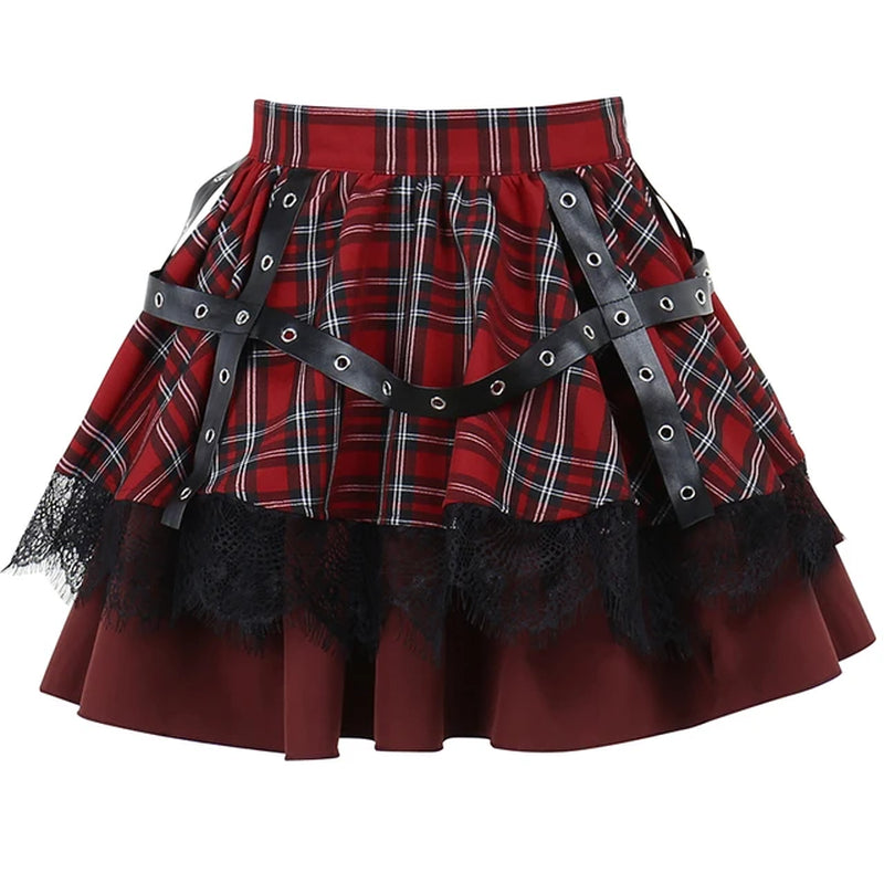 Gothic Harajuku Girls Plaid Pleated Skirt Y2K Lolita Cake Mini Skirts Punk Sweet Lace Kawaii Clothing Cosplay Costume