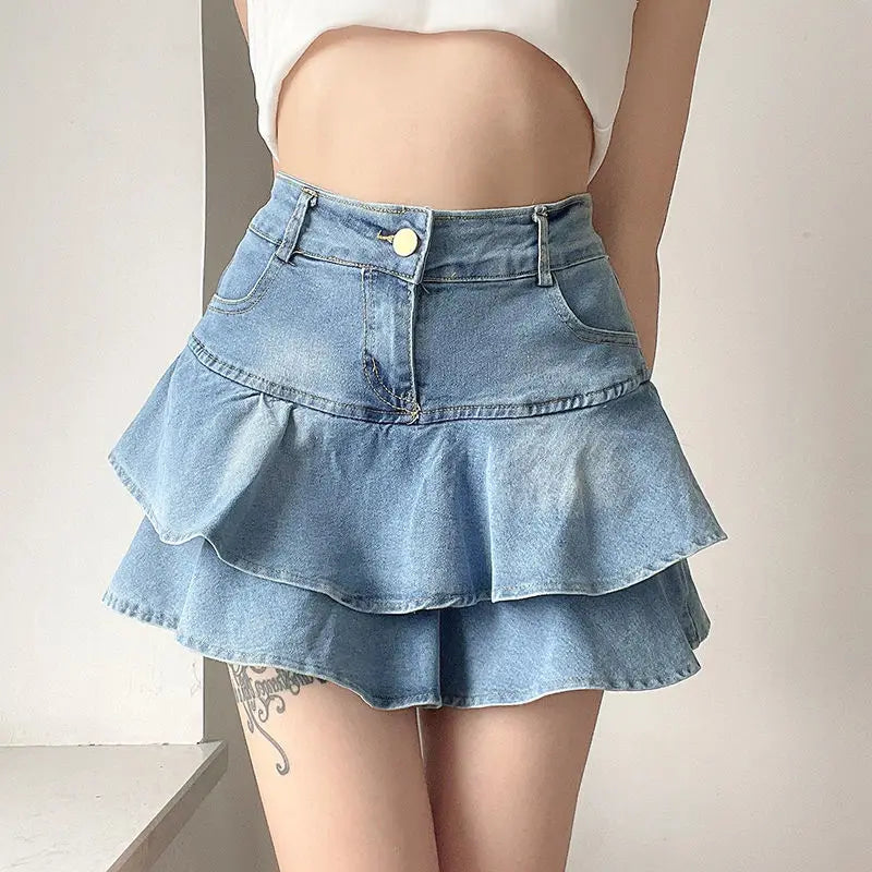 REiNaDMuErTe Vintage Denim Skirt Shorts Women Summer Korean Fashion High Waist A-Line Slim Cute Sexy Mini Jean Ruffle Skirt Female