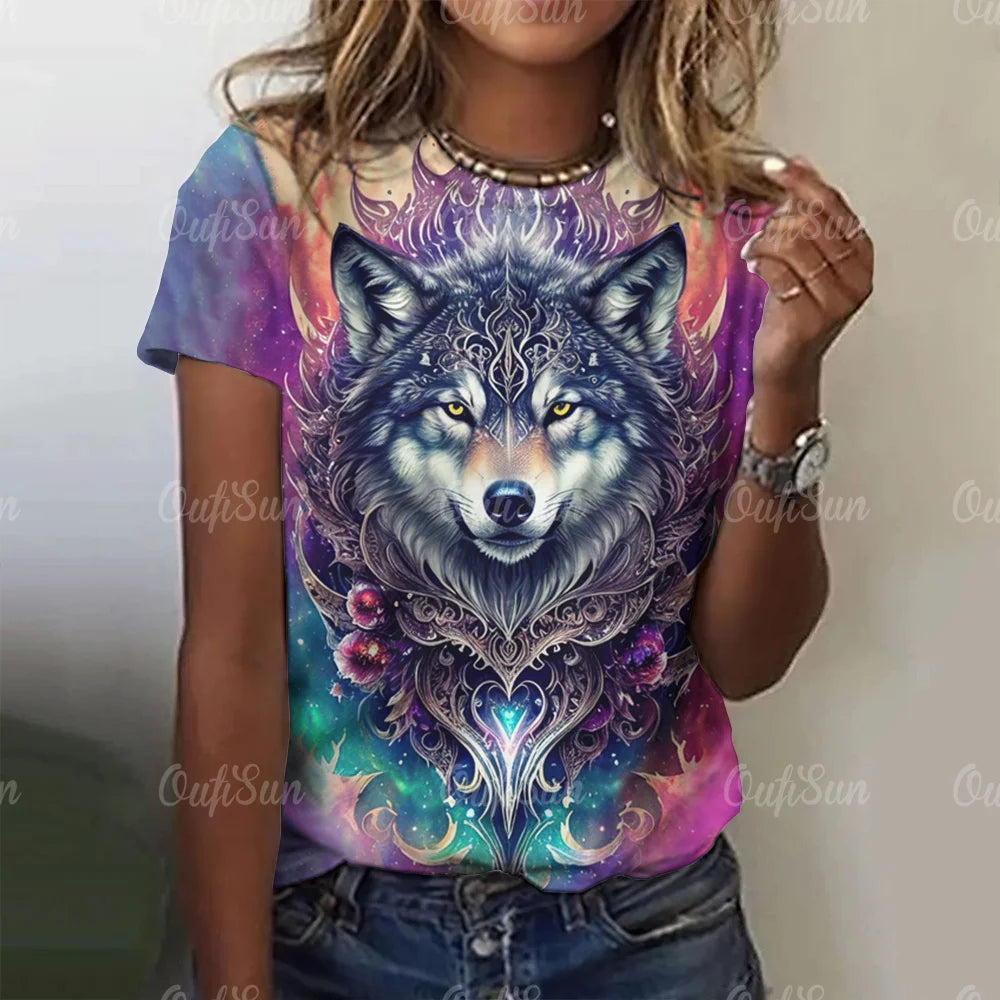 3D Wolf Print Women T-Shirts Summer Fashion Animal Gothic T-Shirt Short Sleeve O-Neck Hip Hop Tee Oversized Woman Clothing