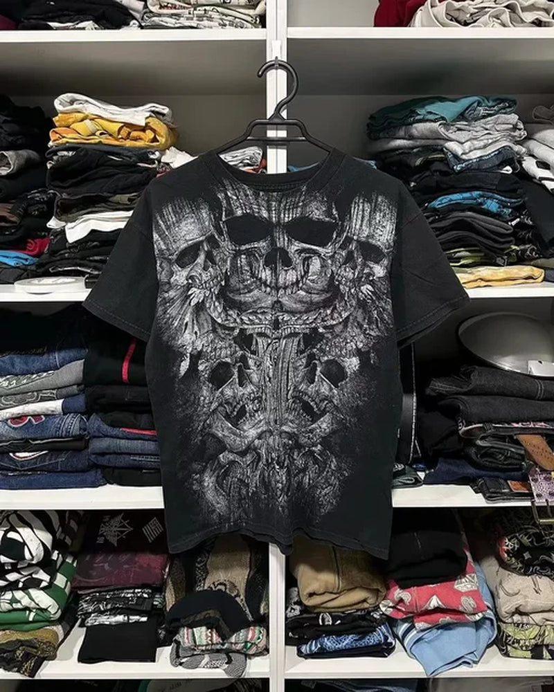 Y2K Tshirt New Harajuku Retro Hip Hop Skull Pattern Oversized T Shirt Mens Womens Short Sleeved Gothic Clothing Tops Streetwear