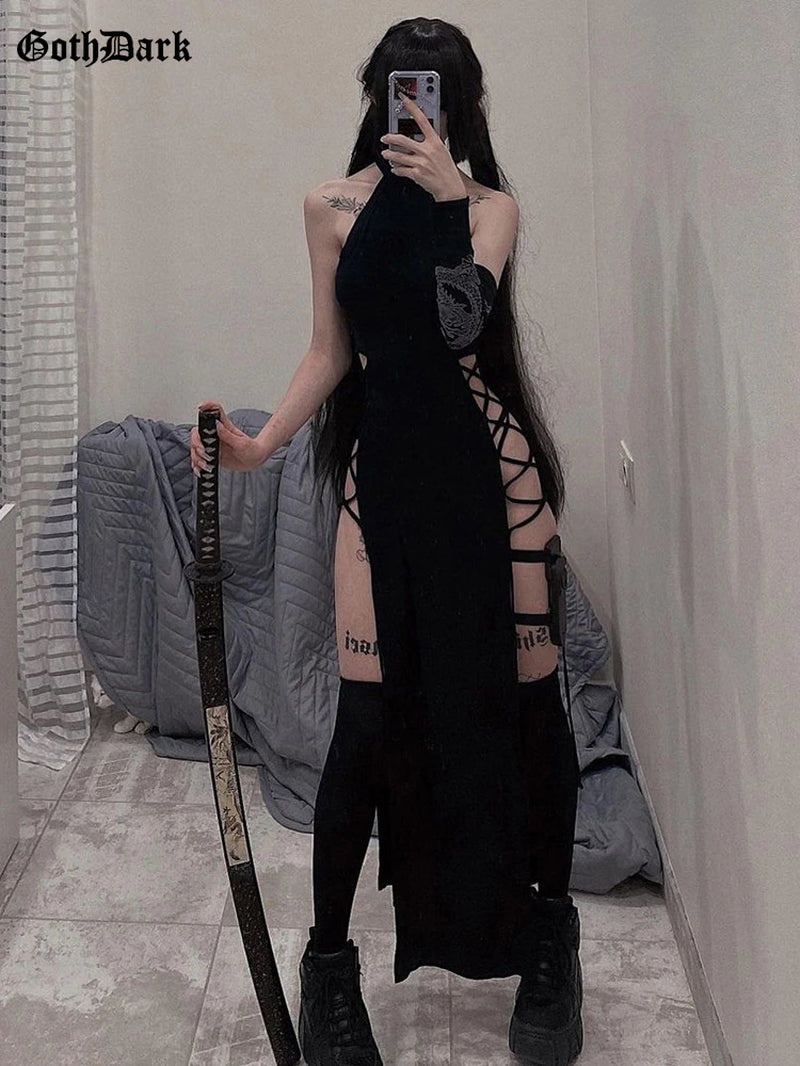 Cosplay High Split Sexy Bandage Women Dresses Y2K Mall Gothic Halter Slim Midi Dress Black Grunge Style Alt Partywear