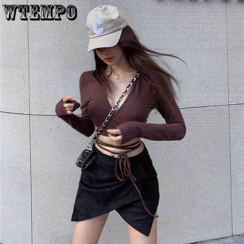 Women Crop Top Summer Long Sleeve Corset Y2K Tops Korean Tanktop Navel Tie Thin Black T-Shirt Ladies Boho Gothic Sexy Clothes