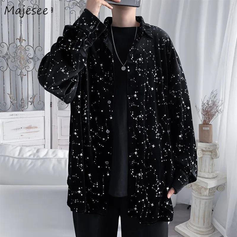 Star-Print Shirts Men Loose Spring Fashion Trendy All-Match Gothic Leisure Turn-Down Collar Clothes Retro Ins Camisas Clothing