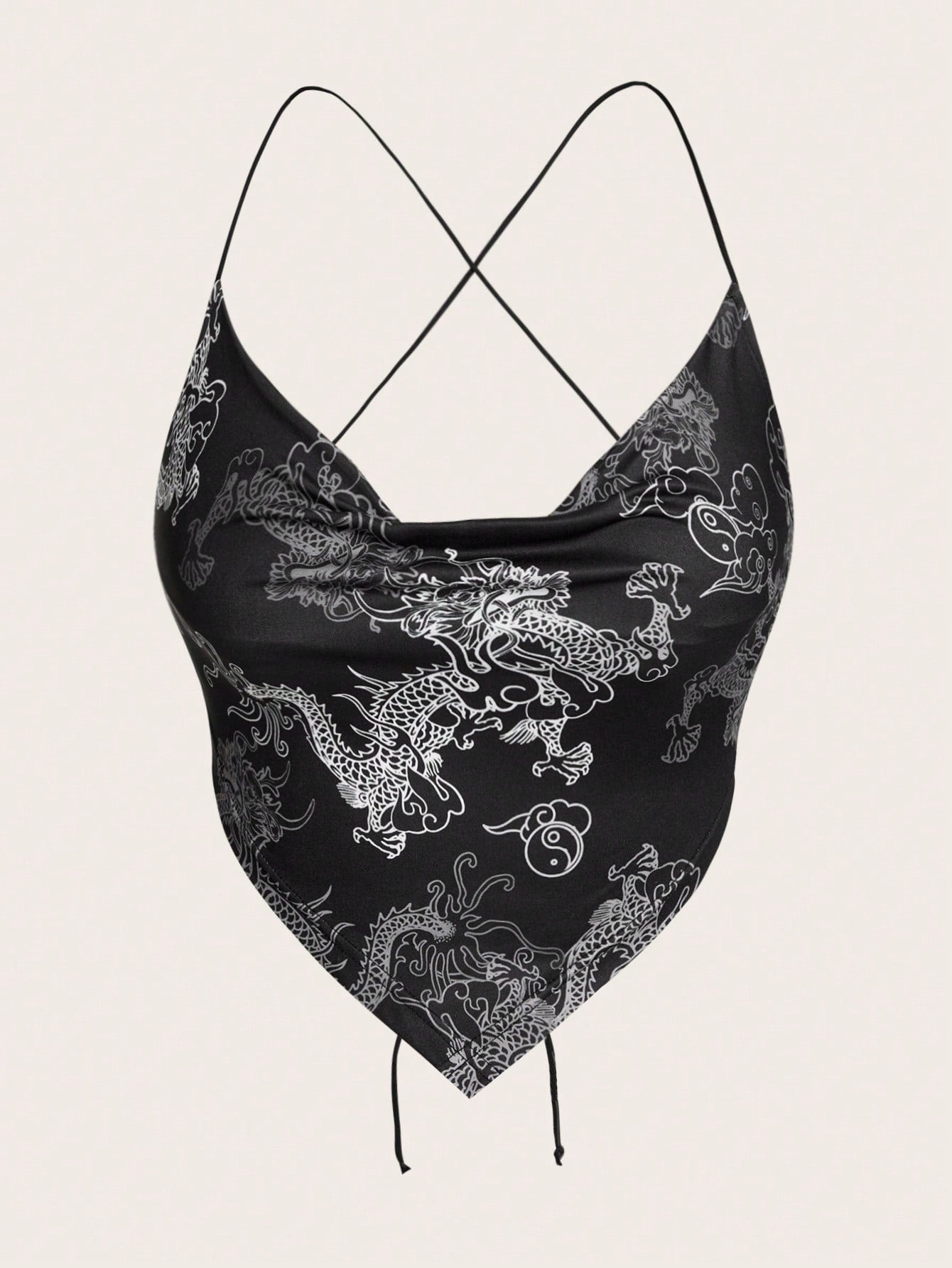 REiNaDMuErTe Chinese Dragon Graphic Criss Cross Backless Bandana Hem Cami Top