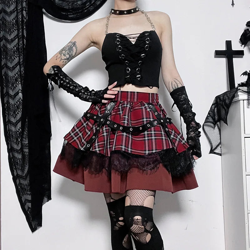 Gothic Harajuku Girls Plaid Pleated Skirt Y2K Lolita Cake Mini Skirts Punk Sweet Lace Kawaii Clothing Cosplay Costume