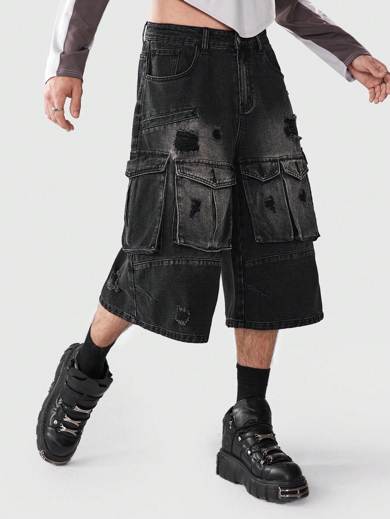 ROMWE Grunge Punk Men'S Ripped Denim Cargo Middle Pants