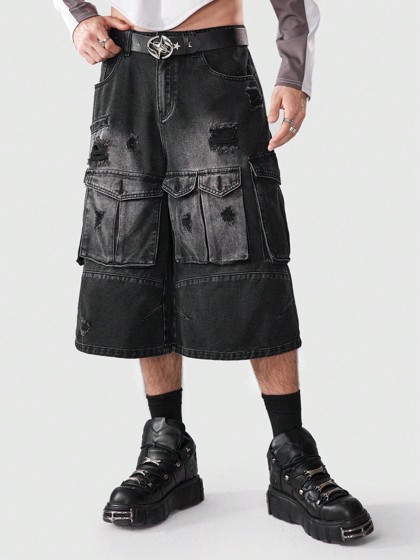 ROMWE Grunge Punk Men'S Ripped Denim Cargo Middle Pants