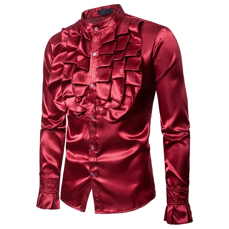 Mens Satin Shirts Slim Fit Tuxedo Vampire Steampunk Gothic Dress Shirt Ruffled Medieval Shirt Party Halloween Costume Clothing