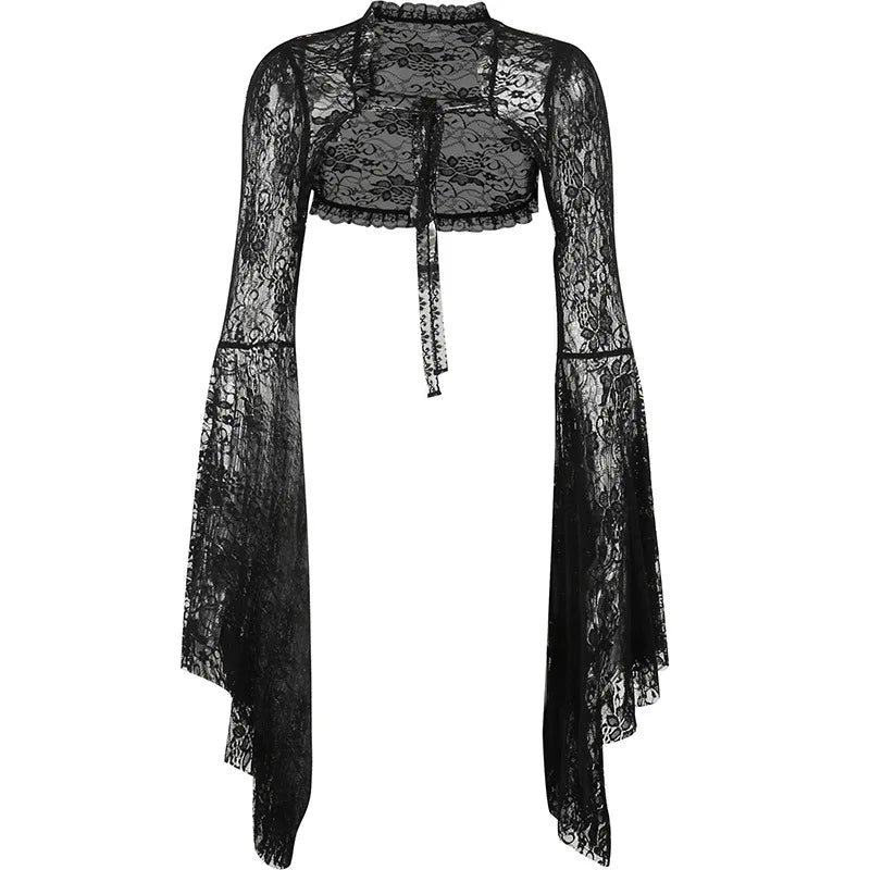 Vintage Gothic Black Lace T-Shirt Women Streetwear Flare Sleeve See through Sexy Smock Top Elegant Aesthetic Cropped Tops