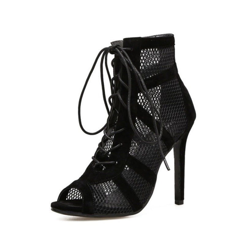 New Fashion Show Black Net Fabric Cross Strap Sexy High Heel Sandals Woman Shoes Pumps Lace-Up Peep Toe Sandals Casual Mesh