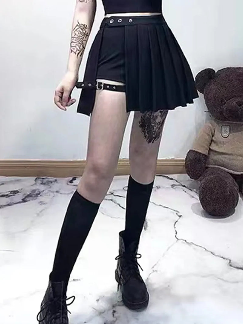 REiNaDMuErTe Punk Mall Goth Shorts Skirt Women Y2K E-Girl Streetwear Harajuku Leg Ring Buckle Detachable High Waist Emo Alt Clubwear