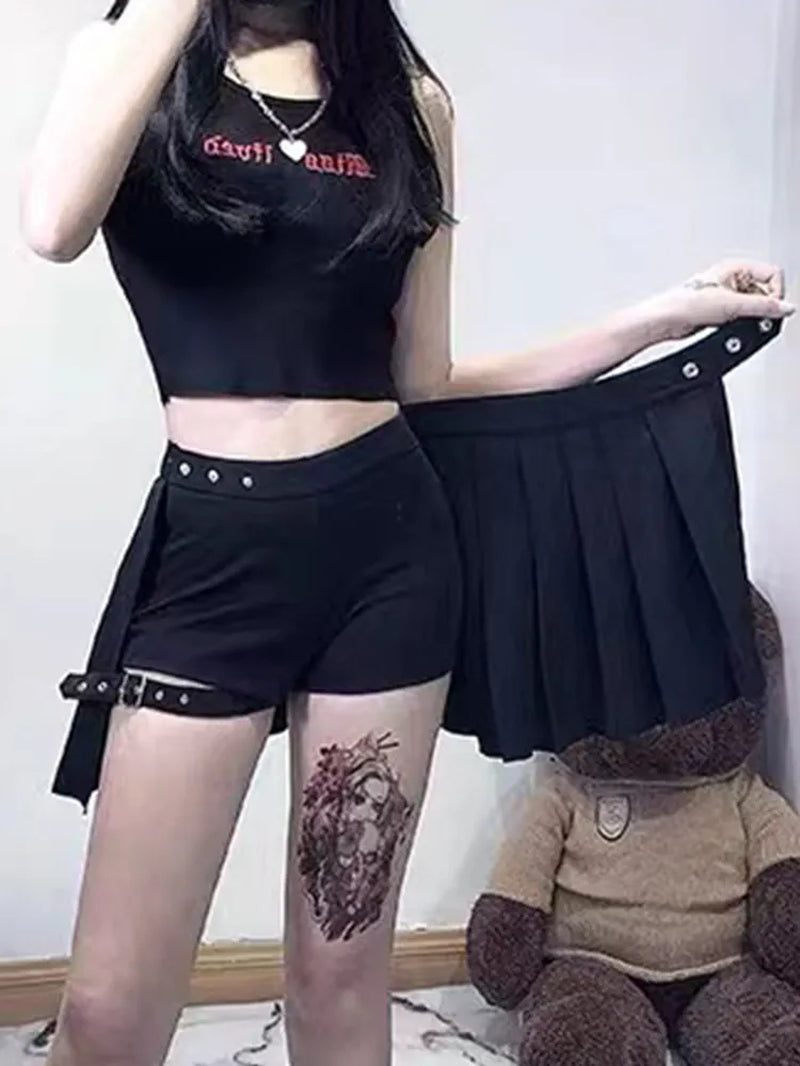 REiNaDMuErTe Punk Mall Goth Shorts Skirt Women Y2K E-Girl Streetwear Harajuku Leg Ring Buckle Detachable High Waist Emo Alt Clubwear