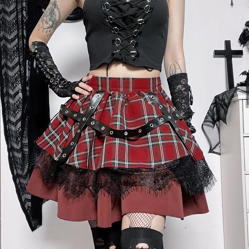 Gothic Harajuku Girls Plaid Pleated Skirt Y2K Lolita Cake Mini Skirts Punk Sweet Lace Kawaii Clothing Cosplay Costume