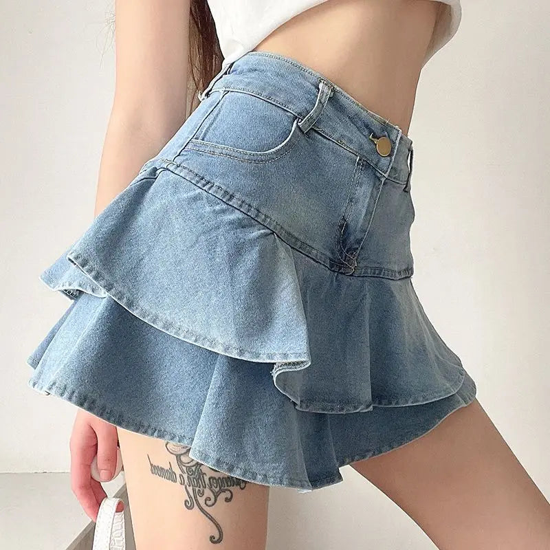 REiNaDMuErTe Vintage Denim Skirt Shorts Women Summer Korean Fashion High Waist A-Line Slim Cute Sexy Mini Jean Ruffle Skirt Female