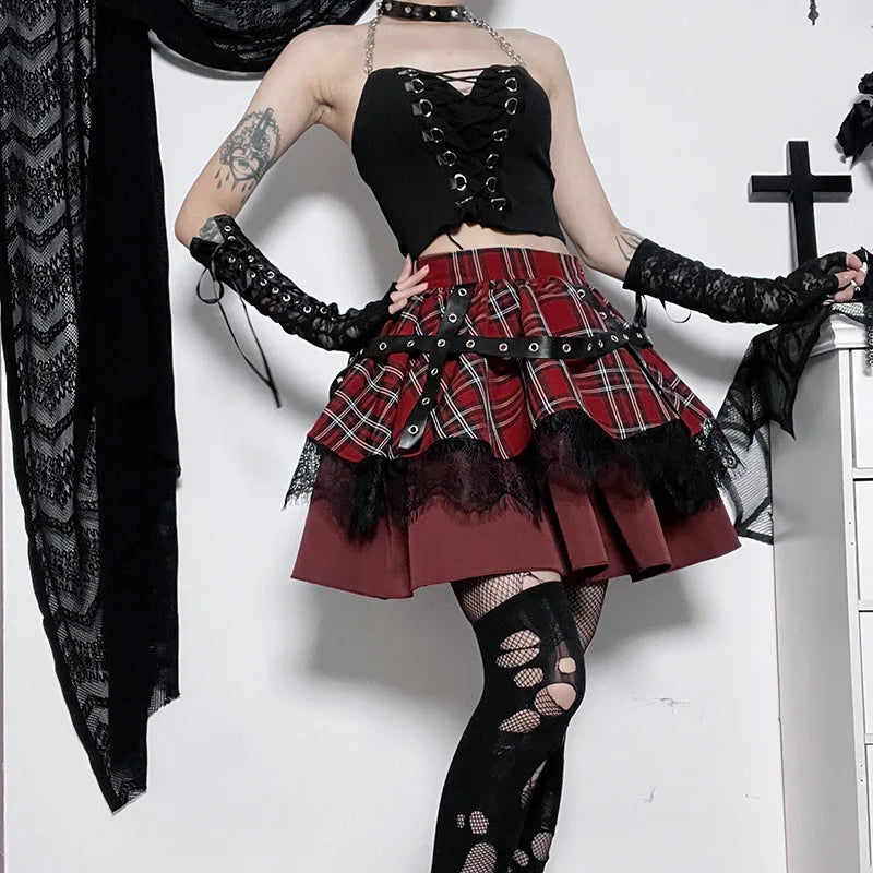 Gothic Harajuku Girls Plaid Pleated Skirt Y2K Lolita Cake Mini Skirts Punk Sweet Lace Kawaii Clothing Cosplay Costume