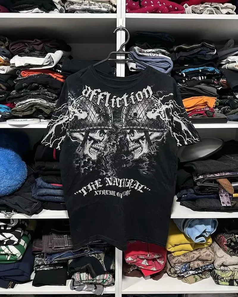 Y2K Tshirt New Harajuku Retro Hip Hop Skull Pattern Oversized T Shirt Mens Womens Short Sleeved Gothic Clothing Tops Streetwear