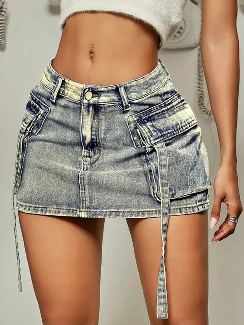 REiNaDMuErTe 2023 Trendy Street Tooling Style Flap Pocket Ribbon Details Slim Workwear Denim Mini Skirt High Street Clothing