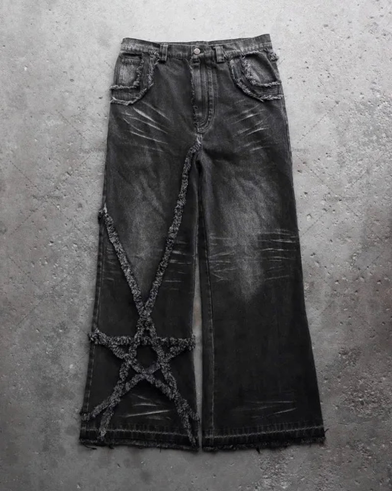 High Street Retro Stars Furred Jeans Men Y2K Goth Harajuku Fashion High-Waisted Baggy Jeans Casual Straight Leg Wide-Leg Pants