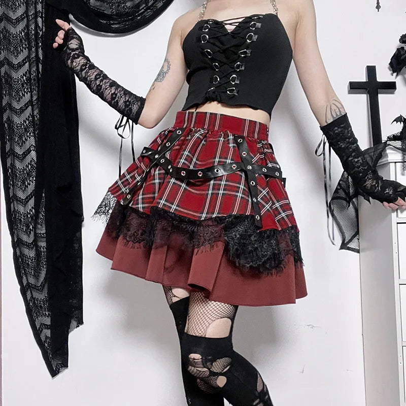 Gothic Harajuku Girls Plaid Pleated Skirt Y2K Lolita Cake Mini Skirts Punk Sweet Lace Kawaii Clothing Cosplay Costume