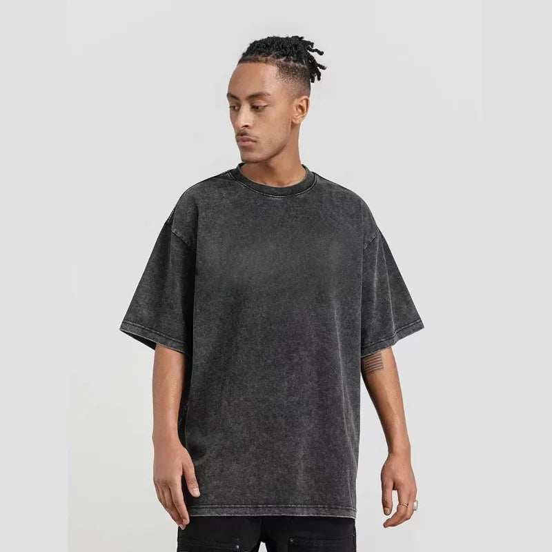 Hip Hop Oversize Men'S Clothing Summer Gothic Harajuku Loose Make Old T-Shirts Washed Cotton Black Casual Short-Sleeved Tops