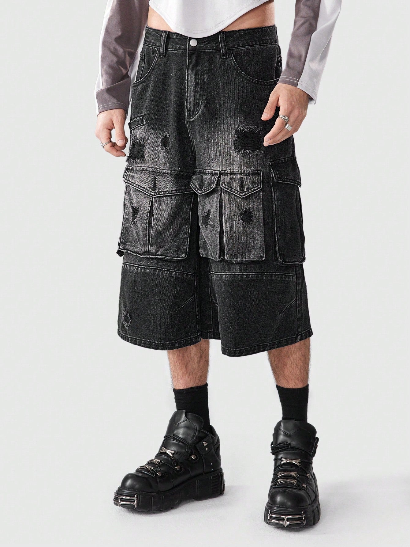 ROMWE Grunge Punk Men'S Ripped Denim Cargo Middle Pants