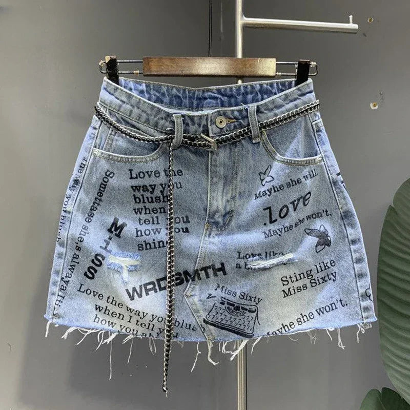 Y2K Vintage Women Korean Graffiti Blue Casual Short Denim Mini Skirts Aesthetic Grunge High Waist Jeans A-Line Skirt Alt Clothes