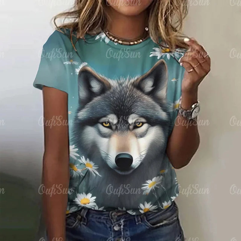 3D Wolf Print Women T-Shirts Summer Fashion Animal Gothic T-Shirt Short Sleeve O-Neck Hip Hop Tee Oversized Woman Clothing