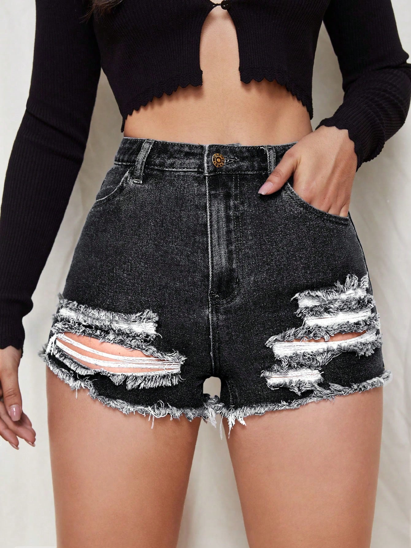 REiNaDMuErTe Ripped Raw Hem Denim Shorts