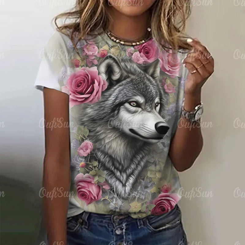 3D Wolf Print Women T-Shirts Summer Fashion Animal Gothic T-Shirt Short Sleeve O-Neck Hip Hop Tee Oversized Woman Clothing