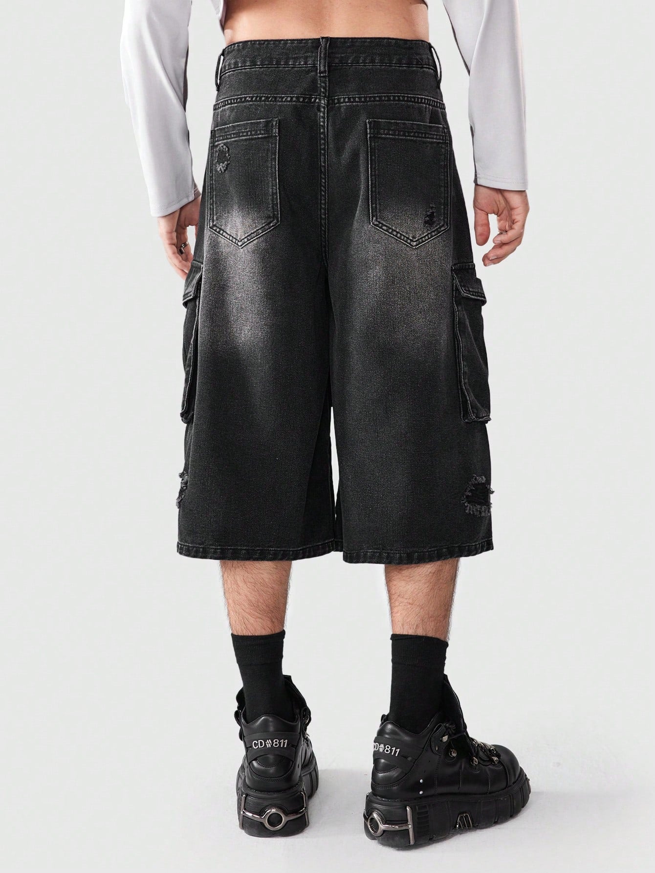 ROMWE Grunge Punk Men'S Ripped Denim Cargo Middle Pants