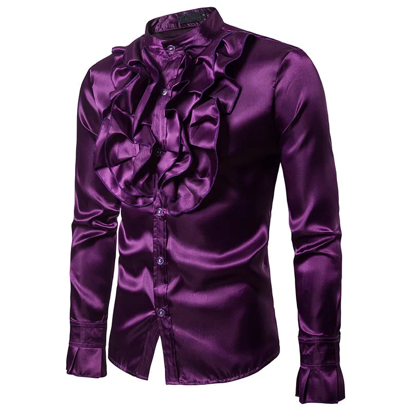 Mens Satin Shirts Slim Fit Tuxedo Vampire Steampunk Gothic Dress Shirt Ruffled Medieval Shirt Party Halloween Costume Clothing