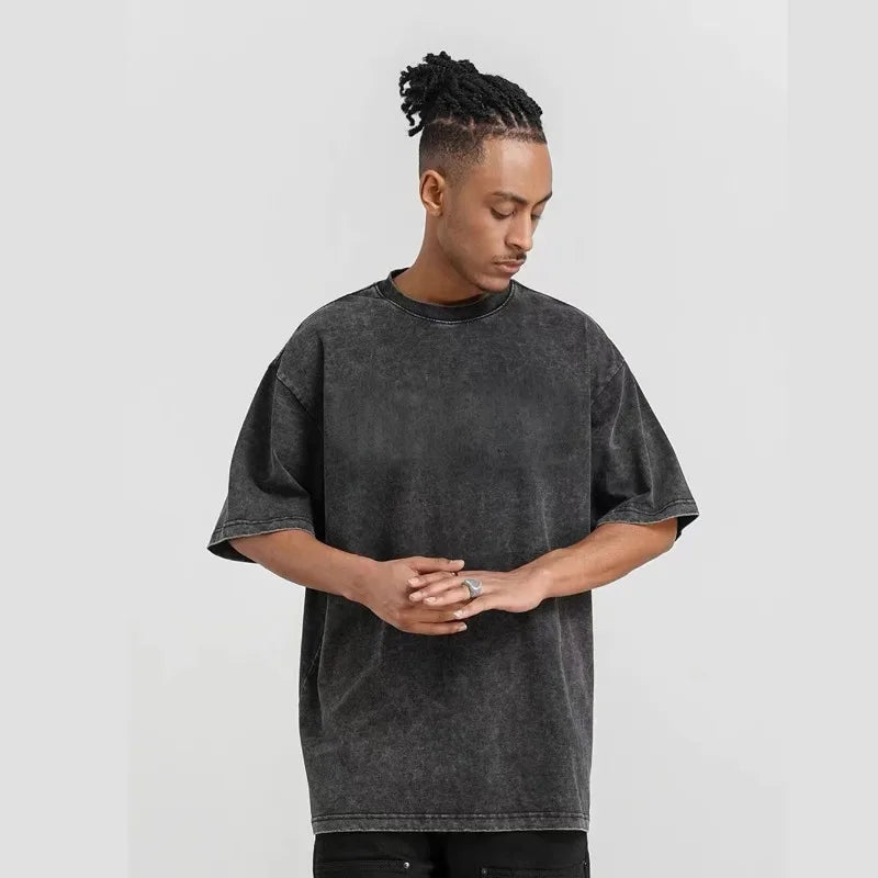 Hip Hop Oversize Men'S Clothing Summer Gothic Harajuku Loose Make Old T-Shirts Washed Cotton Black Casual Short-Sleeved Tops