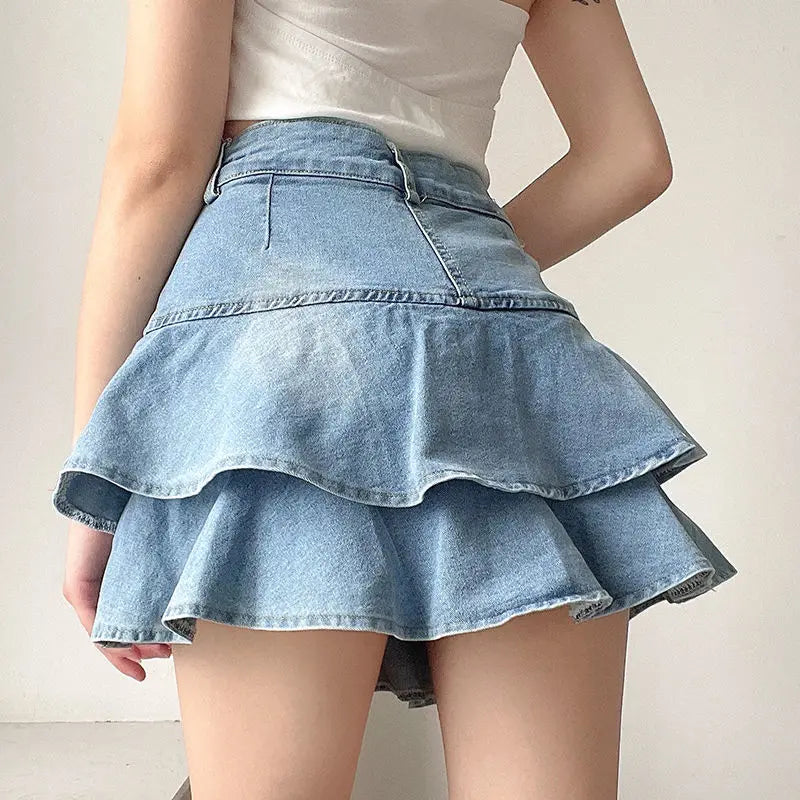 REiNaDMuErTe Vintage Denim Skirt Shorts Women Summer Korean Fashion High Waist A-Line Slim Cute Sexy Mini Jean Ruffle Skirt Female