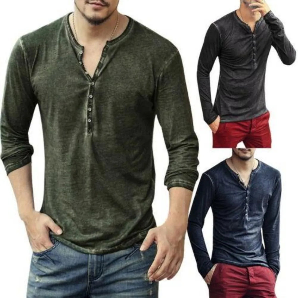 Vintage Men'S T-Shirts Print Long Tops Sleeve Polyester Shirts Gothic Punk Shirt Oversized Clothing Button Tees V-Neck Streetwea