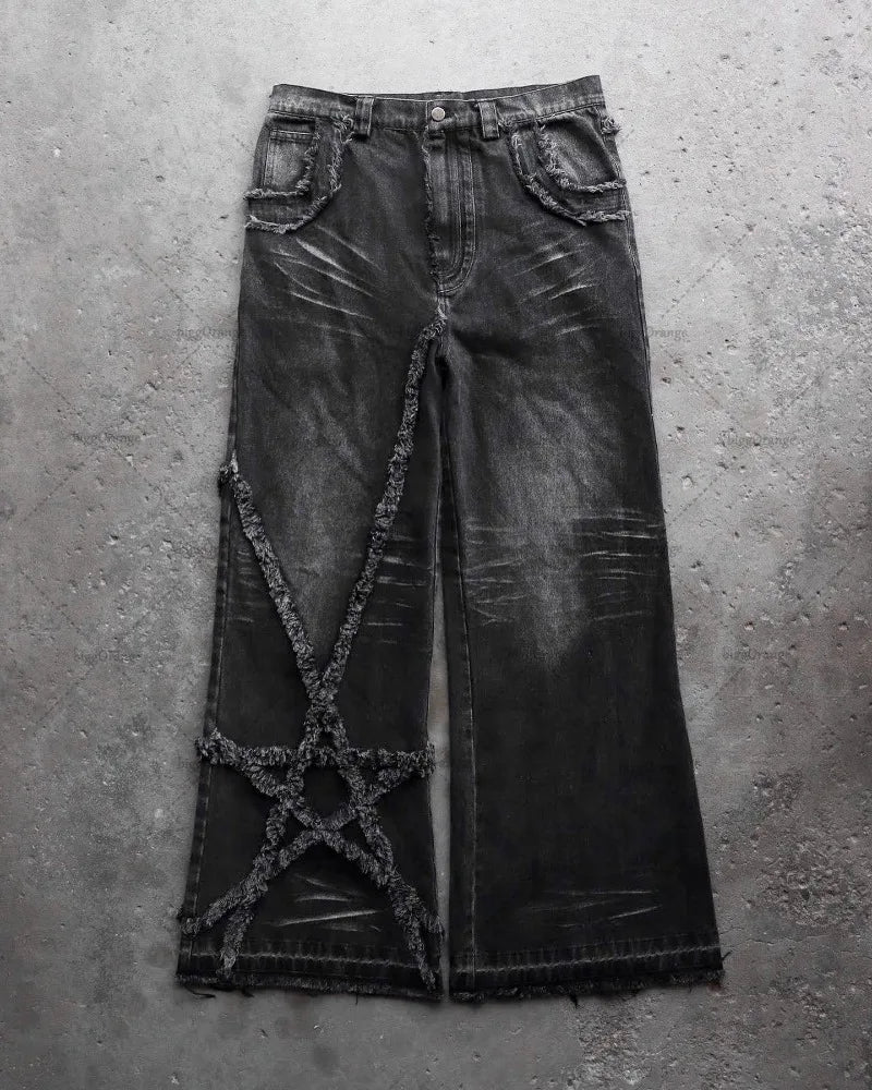 High Street Retro Stars Furred Jeans Men Y2K Goth Harajuku Fashion High-Waisted Baggy Jeans Casual Straight Leg Wide-Leg Pants