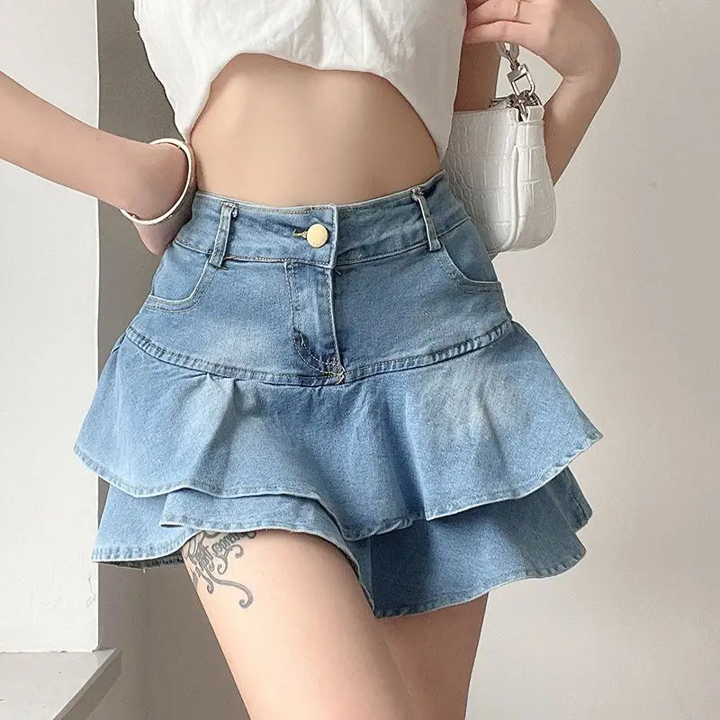 REiNaDMuErTe Vintage Denim Skirt Shorts Women Summer Korean Fashion High Waist A-Line Slim Cute Sexy Mini Jean Ruffle Skirt Female