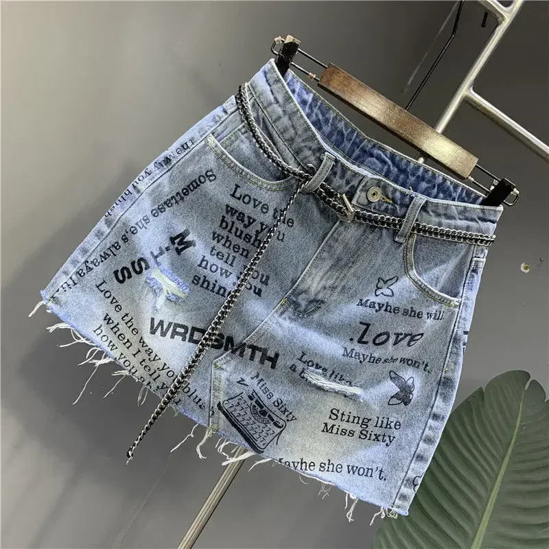 Y2K Vintage Women Korean Graffiti Blue Casual Short Denim Mini Skirts Aesthetic Grunge High Waist Jeans A-Line Skirt Alt Clothes